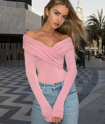 V-Neck Off-Shoulder Slim-Fit Top