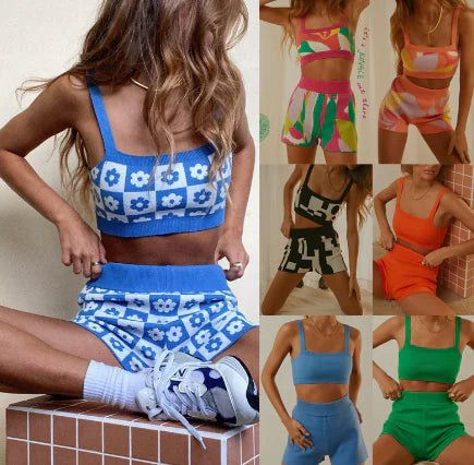Summer Knitted Print Women's Tracksuit Two Piece Set