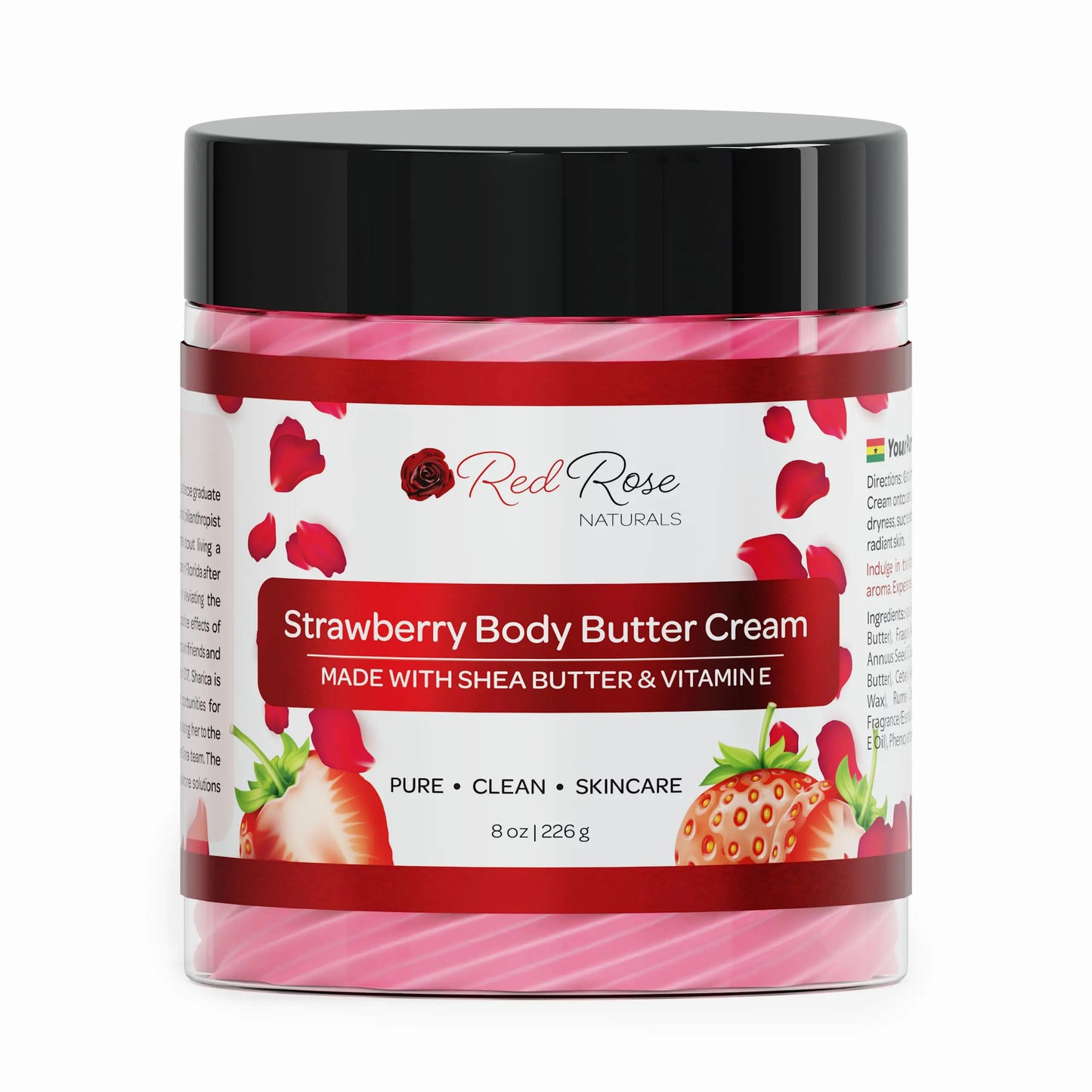 Red Rose Naturals Strawberry Body Butter Cream for Sensitive Dry Skin 8 oz Non-Greasy Smooth Creamy Moisturizing Shea Butter- Natural Skincare for All Skin – Vegan