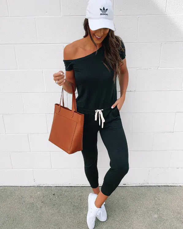 Casual Off-Shoulder Solid Color Short Jumpsuit