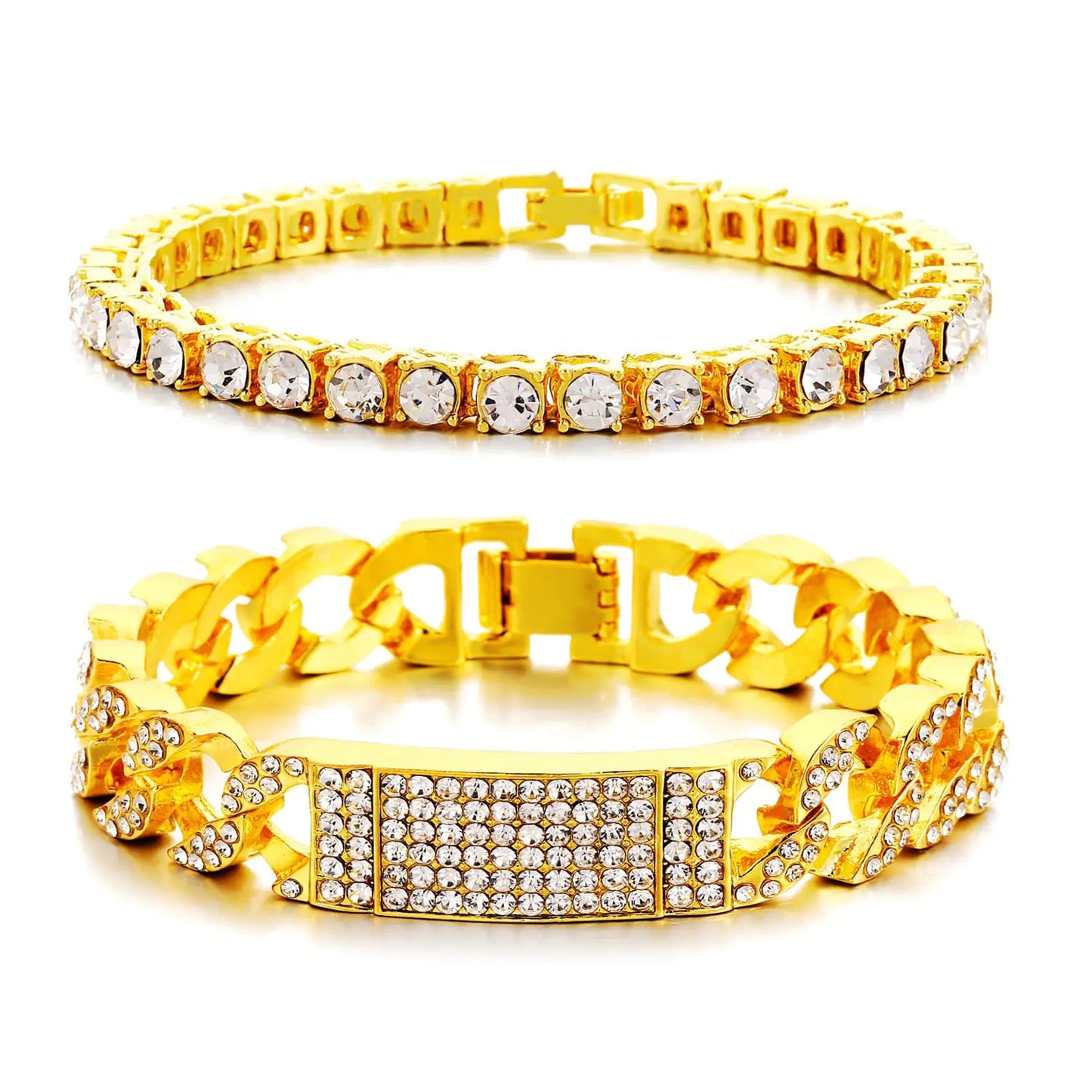 HH BLING EMPIRE 14K Gold and Silver Bracelets Diamond Tennis and Cuban Link Bracelet for Men Women Hip Hop Jewelry (Set E-Gold-8.5")