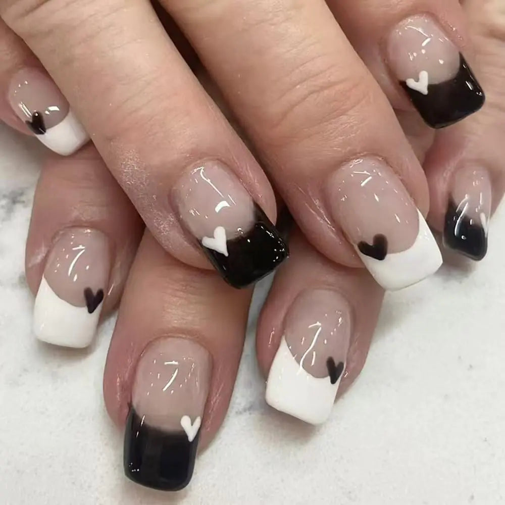 Short Press on Nails Square Fake Nails French Tip False Nails Valentines Day Acrylic Nails with Design Black White Heart Glue on Nails Glossy Full Cover Stick on Nails for Women Manicure 24Pcs