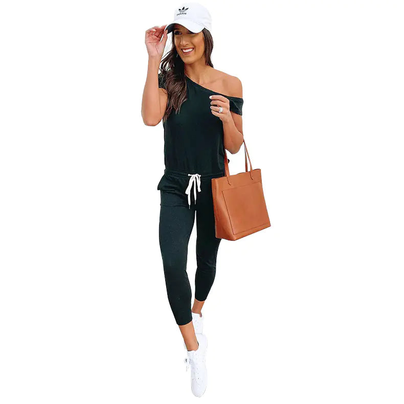 Casual Off-Shoulder Solid Color Short Jumpsuit