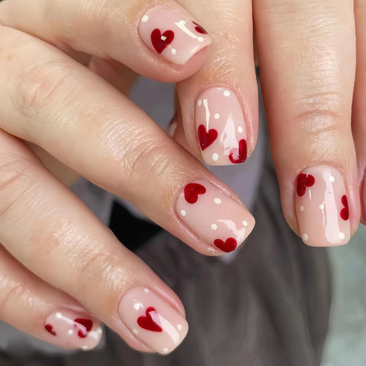 24Pcs Heart Press on Nails Short Square Fake Nails with Snow Heart Designs Glossy Stick on Nails Christmas Nails Press ons Valentines False Nails Full Cover Glue on Nails for Women Girls