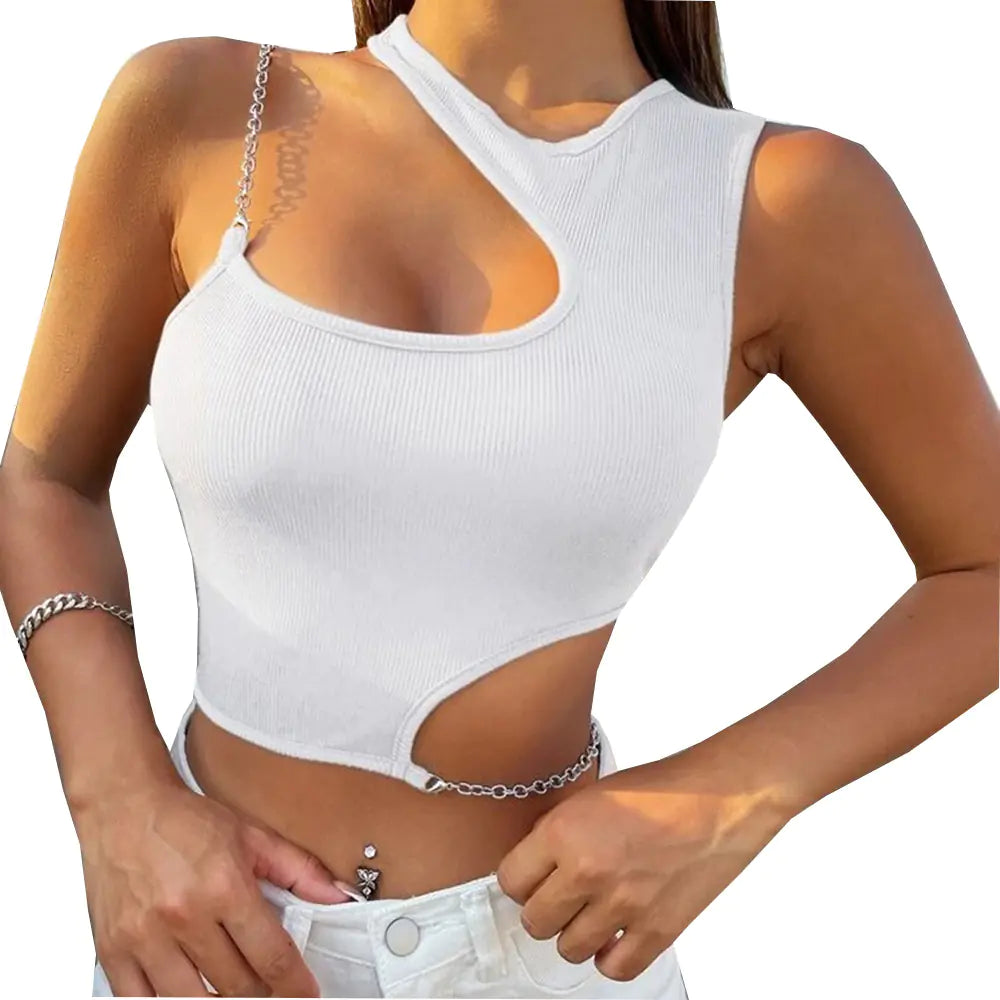 Women's Sleeveless One Shoulder Crop Top with Chain Detail