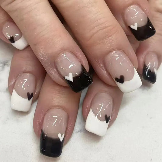 Short Press on Nails Square Fake Nails French Tip False Nails Valentines Day Acrylic Nails with Design Black White Heart Glue on Nails Glossy Full Cover Stick on Nails for Women Manicure 24Pcs