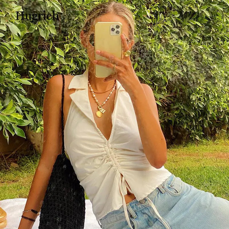 Women's Sleeveless Button Crop Top - Summer Vacation Style
