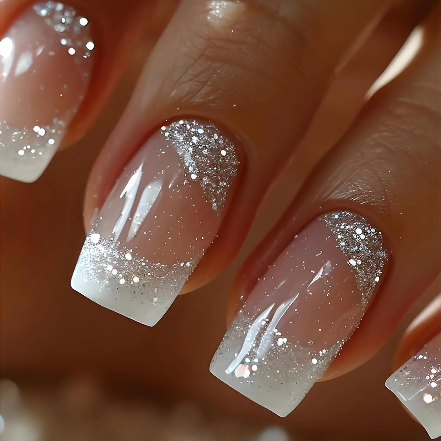 24pcs French Tip Press on Nails Medium Length White French Tip Fake Nails with Glitter Designs Glossy False Nails Glue on Nails Full Cover Artificial Nails Supplies for Women Girls Nail Decoration
