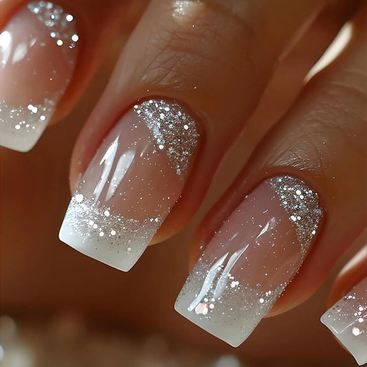 24pcs French Tip Press on Nails Medium Length White French Tip Fake Nails with Glitter Designs Glossy False Nails Glue on Nails Full Cover Artificial Nails Supplies for Women Girls Nail Decoration