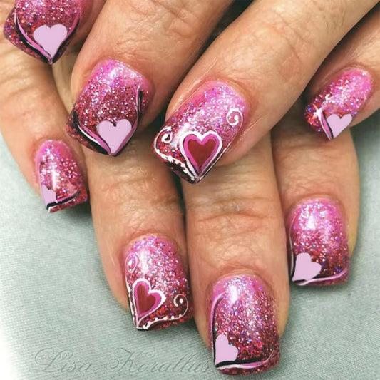 24Pcs Valentines Day Press on Nails Short Square Fake Nails Pink Glitter False Nails Heart/Love with Designs Acrylic Nails Full Cover Stick on Nails Valentines Glue on Nails for Women