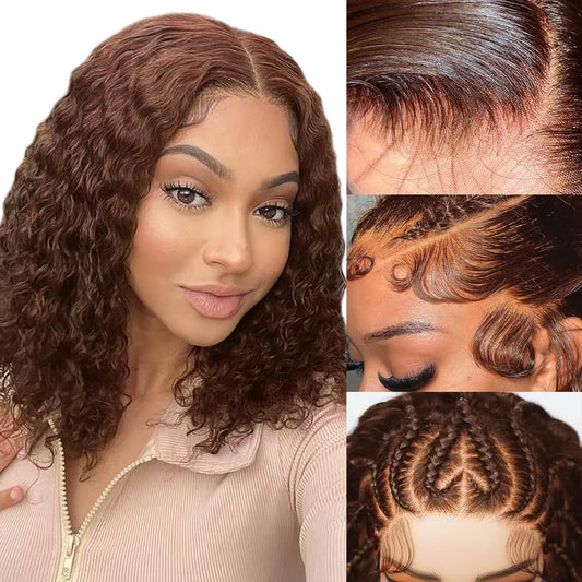 KEUET Brown Deep Wave Lace Front Wigs Human Hair Pre Plucked Brown Short Curly Lace Front Wig Human Hair 16Inch Curly Brown Lace Front Wigs with Baby Hair Chocolate Brown Lace Front Wig Human Hair