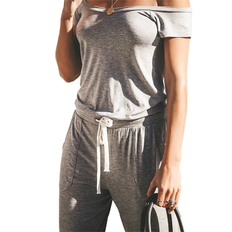 Casual Off-Shoulder Solid Color Short Jumpsuit