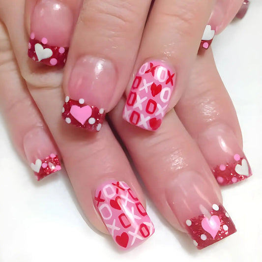 24Pcs Valentines Day French Tip Press on Nails Short Square Fake Nails with Heart Design Glue on Nails Full Cover Nude Pink Artificial on Nails Acrylic False Nails Cute Stick on Nails for Women