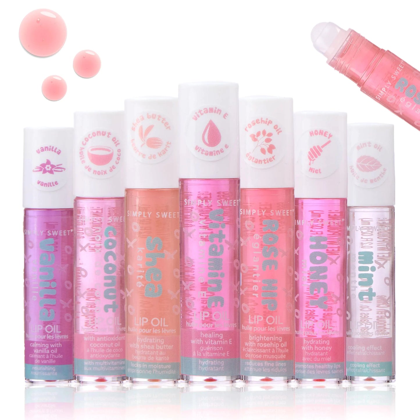 Expressions 7pc Lip Oil Collection - High Shine Lip Glow w/Essential Oils Hydrating Roll On Lip Oils Infused w/Essential Oils - Rollerball Lip Oils Vitamin Enriched Lip Glow Oil Set