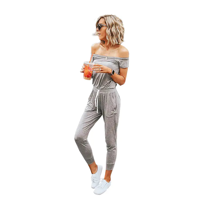 Casual Off-Shoulder Solid Color Short Jumpsuit